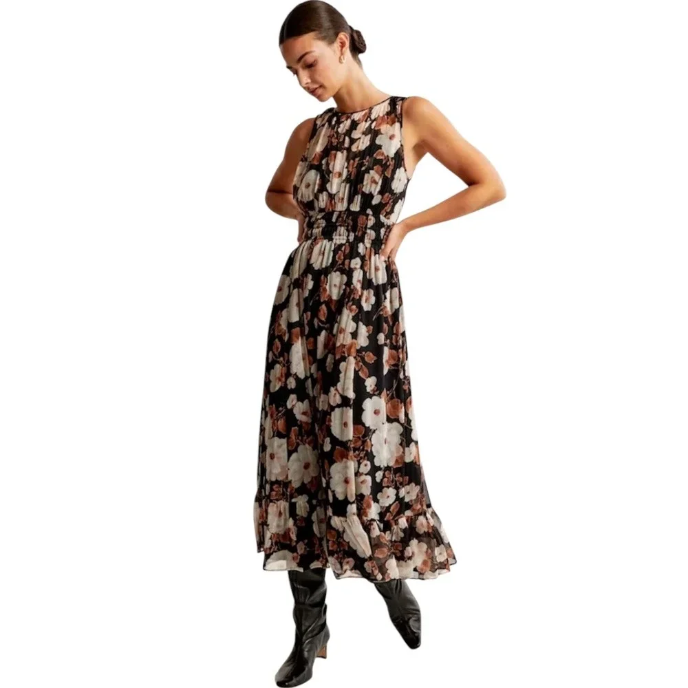 Abercrombie & Fitch Maxi Dress Women Small Tall Black Floral Smocked Sleeveless Abercrombie & Fitch Maxi Dress Women Small Tall Black Floral Smocked Sleeveless